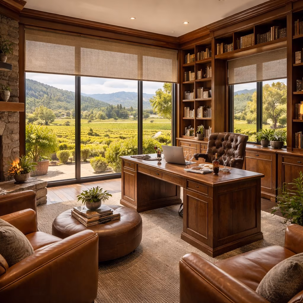 La Grange Window Coverings Somfy motorized solar shades with sun-tracking automation on vineyard-facing study windows in an estate along Warm Springs Road near Landmark Vineyards, Kenwood CA 95452