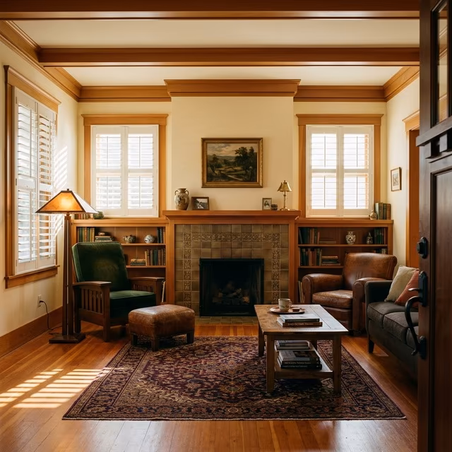 La Grange Window Coverings custom plantation shutters with 3.5-inch basswood louvers complementing original craftsman millwork in a 1920s McDonald Historic District bungalow, Santa Rosa CA 95401