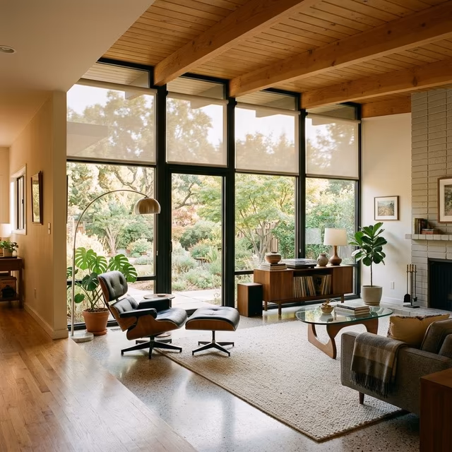 La Grange Window Coverings 99% UV-blocking solar shades protecting hardwood floors and furnishings in a mid-century ranch living room near Montgomery Village, Rincon Valley Santa Rosa CA 95409